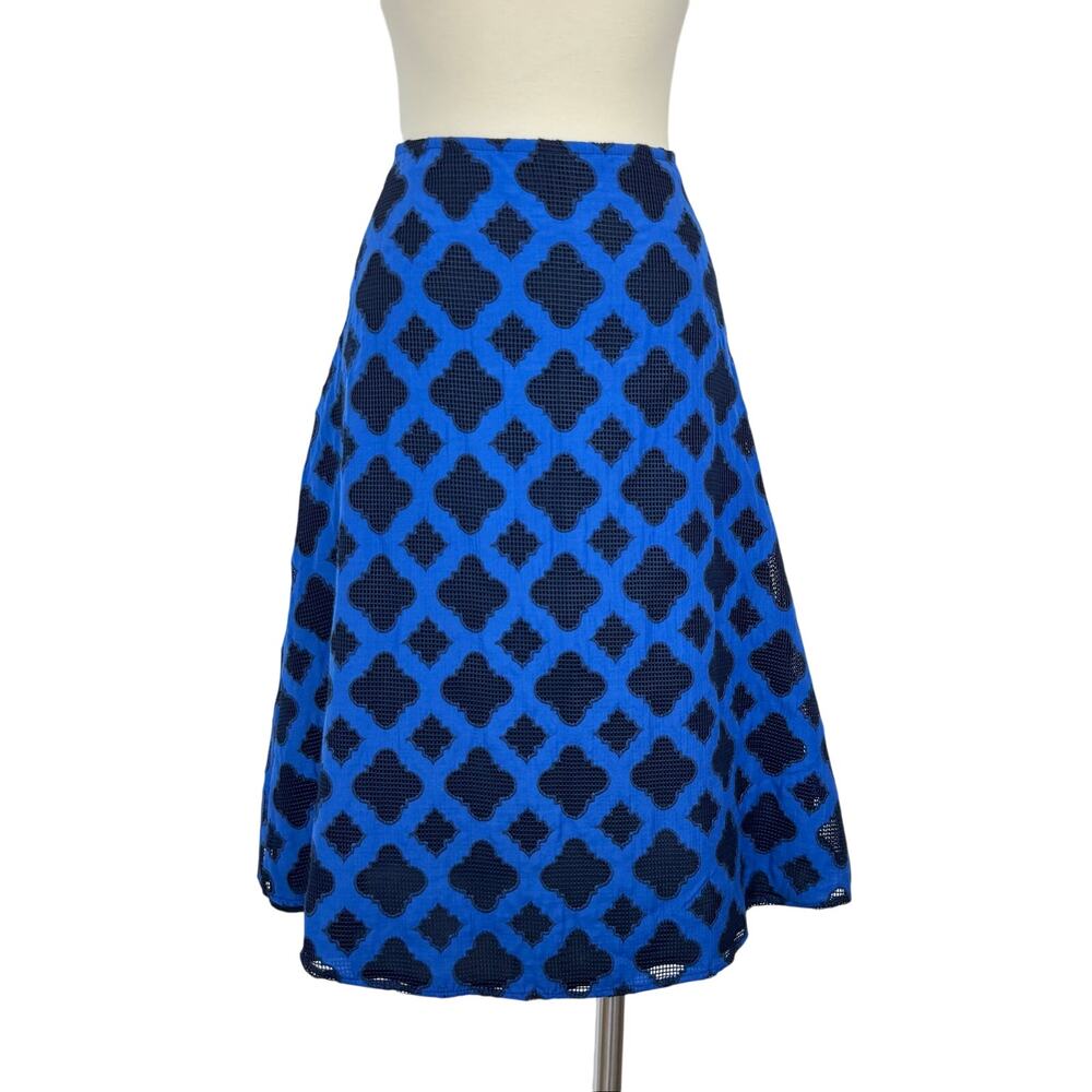 St. John A-Line Knee Length Skirt Cobalt Blue/Black Textured Quatrefoil 12